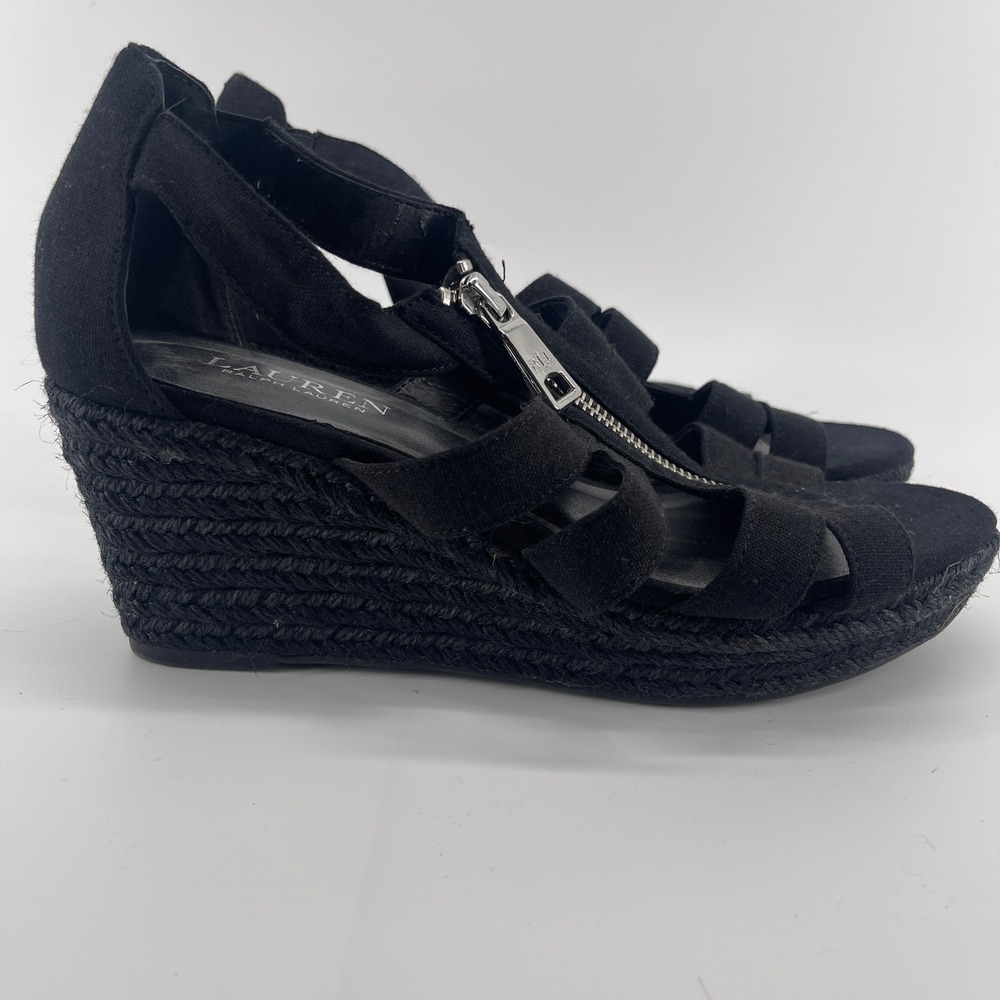 Lauren Ralph Lauren Kelcie Black Espadrille Wedge Heel‎ Sandals 8.5 B